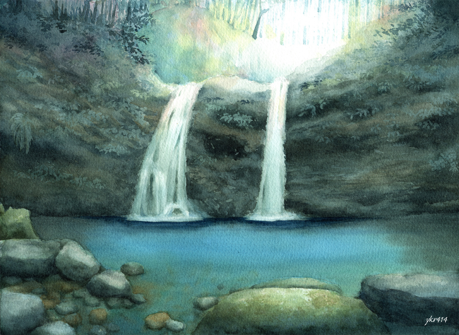 森の中の「小さな滝」を水彩で描きました やや幻想的な風景画 ｜ 毎日 