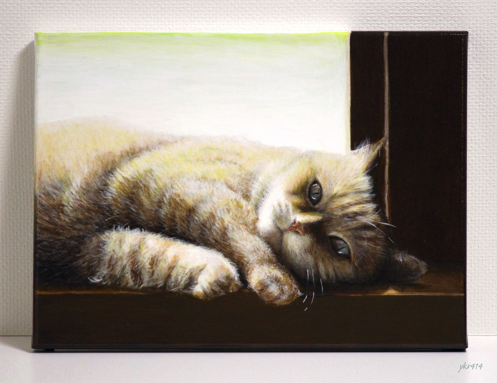 大切な人へのギフト探し アクリル-色鉛筆画 煉瓦塀の上の猫 Ａ３ 絵画 