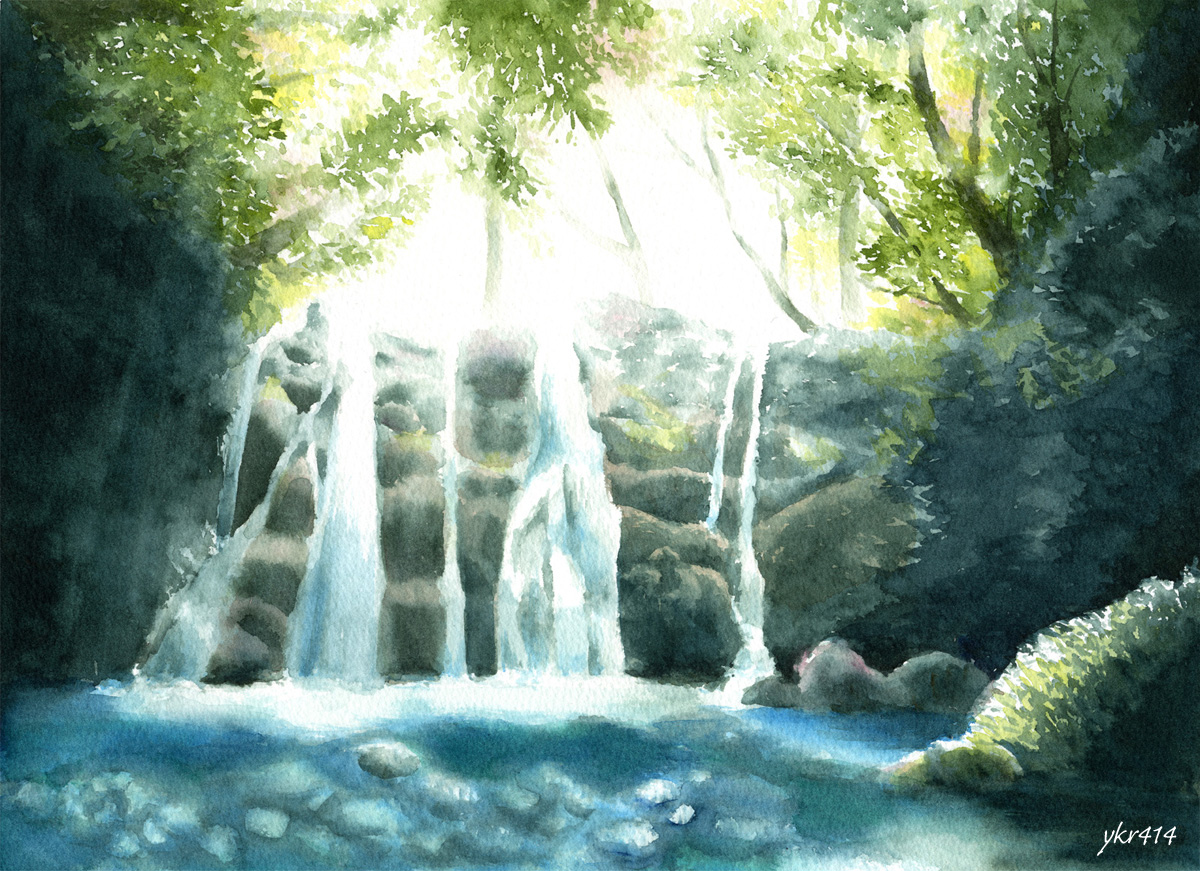 小さな流れ という滝の風景を透明水彩で描きました 毎日水彩画